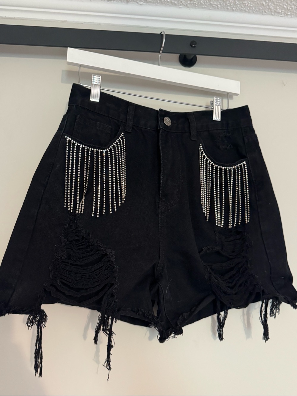 Rhinestone Fringe Distressed Black Women's Denim Shorts